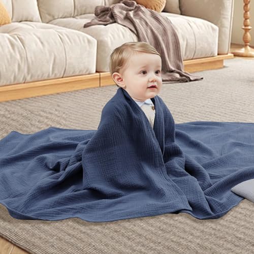 Winmany 2Pack Baby Muslin Swaddle Blankets Newborn Boy Girl Nursery Receiving Blanket Swaddling Wrap Baby Essentials for All Year 100x100cm/40x40in (Blue+Grey) - Image 2