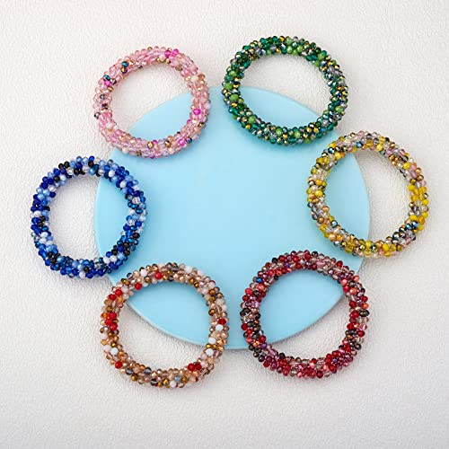 6 Pcs 6 Colors Faceted Glass Beaded Bracelet, Glass Beaded Crochet Stretch Fashion Nepal Bracelet for Women2