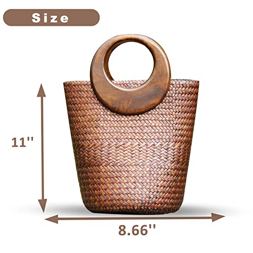 Bolso de playa de rattan tejido con asa de madera miniatura 3