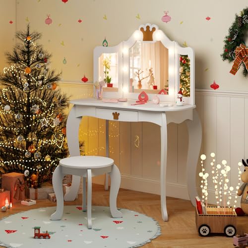 Image of KOTEK Kids Vanity with Lights, Crown Girls Vanity Set w /Tri-Folding Mirror, Detachable Top, Stool & Drawer, Wooden Toddler Makeup Dressing Table, Kids Vanity Table and Chair Set (White)