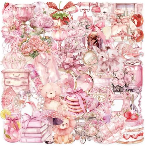 50Pcs Pink Fairy Tale Stickers, Coquette Transparent PET Stickers, Retro Aesthetic Waterproof Graffiti Decals for Scrapbook Journaling Album, Girls and Kids