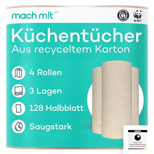 mach m!t Pure - Rollo de cocina de 3 capas, 4 rollos, 128 hojas por rollo, sin lejía, fabricado en Alemania, de cartón reciclado, extra absorbente y respetuoso con el medio ambiente, reciclable, papel