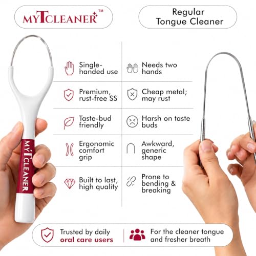 Image of MyTCleaner | Tongue Cleaner for Adults | Stainless Steel Tongue Scraper | Helps Freshen Breath & Supports Oral Hygiene | Rust-Free | Dentist-Designed | Pack of 2 (Olive Green & Maroon)
