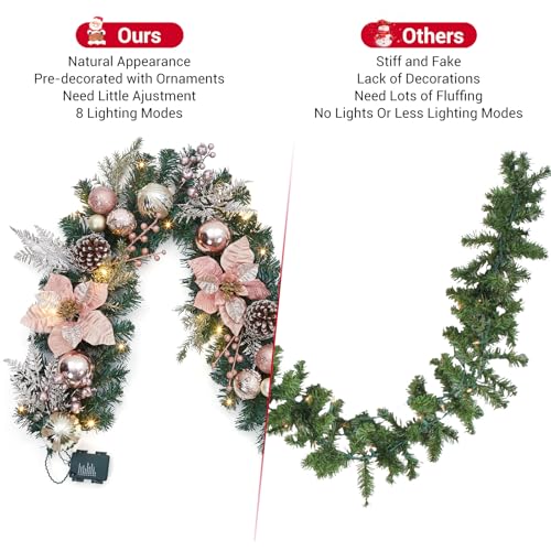 GarveeHome 6ft Prelit Christmas Garland for Mantle, Battery Operated Xmas Garland with 20 LED Lights Timer Rose Gold Balls for Fireplace Stair Railing TV Stand Indoor Outdoor Holiday Decor
