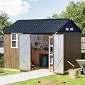 Breezz 8X10FT Outdoor Steel Storage Shed with Clear Window, Lockable Doors, Weather-Resistant Metal Tool Shed for Garden, Backyard, Patio, and Utility Storage.Brown