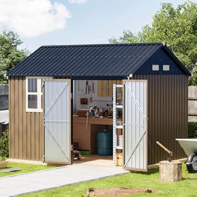 Breezz 8X10FT Outdoor Steel Storage Shed with Clear Window, Lockable Doors, Weather-Resistant Metal Tool Shed for Garden, Backyard, Patio, and Utility Storage.Brown