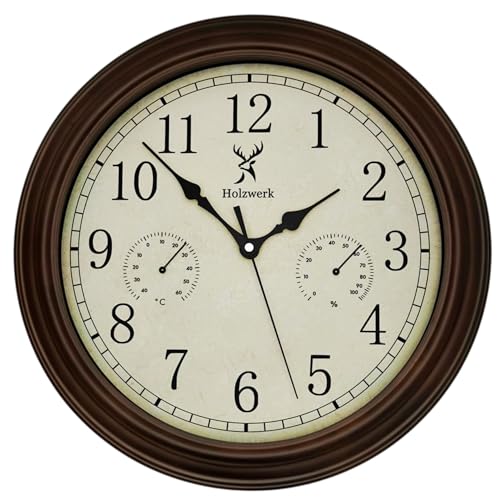 Holzwerk HORNBERG Vintage Retro Quarz Wanduhr mit Temperaturanzeige und Hygrometer Feuchtigkeitsmesser Thermometer Holz-Uhr nahezu lautloses Uhrwerk...