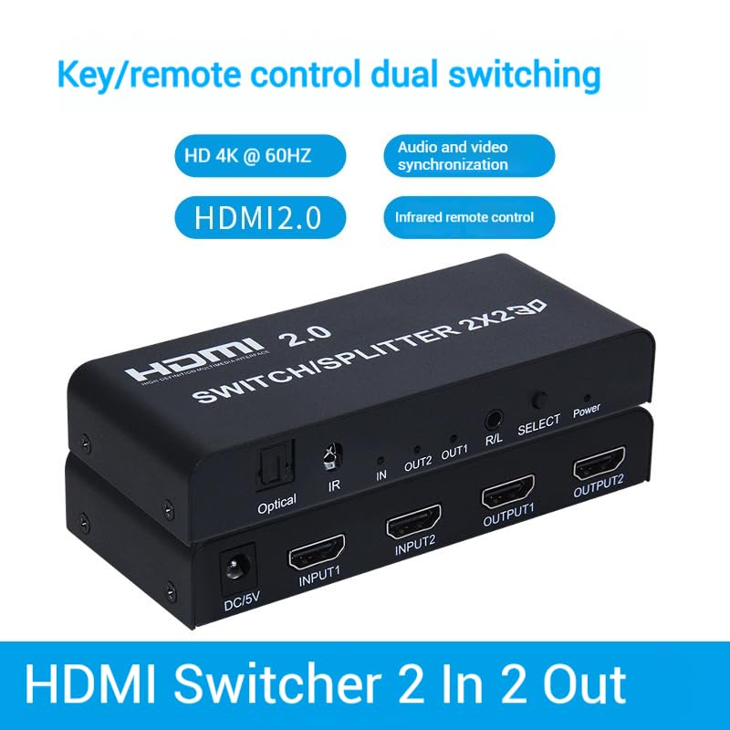 Convertidor Digital y Conmutador 3D 4K 2x2 de Audio y Vídeo con 2 Entradas y 2 Salidas 2
