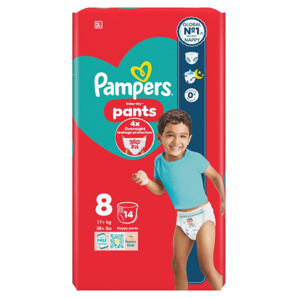 Pampers Baby-Dry Nappy Pants Size 8, 14 Nappies, 19kg+, Carry Pack
