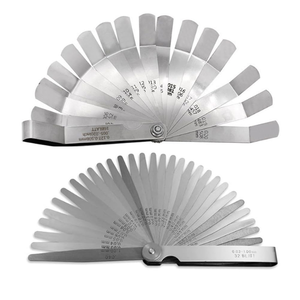 Vjsujehgy Feeler Gauges Set, 32 Blades Tapered and 16 Blades Offset Feeler Gauge Set, Dual Marked SAE and Metric Feeler Gauge