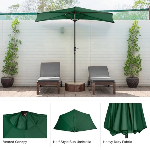 Image of Half Patio Umbrella - 9ft Outdoor Patio Canopy with Easy Hand Crank - Condo, Townhouse, or Balcony Furniture by Villacera (Forest Green)