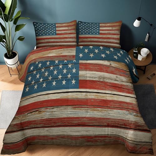 Edredón de plumas y plumón de 155 x 220 cm, para todo el año, con bandera de estilo retro de vetas de madera, versátil, como colcha para cama o sofá, color rojo