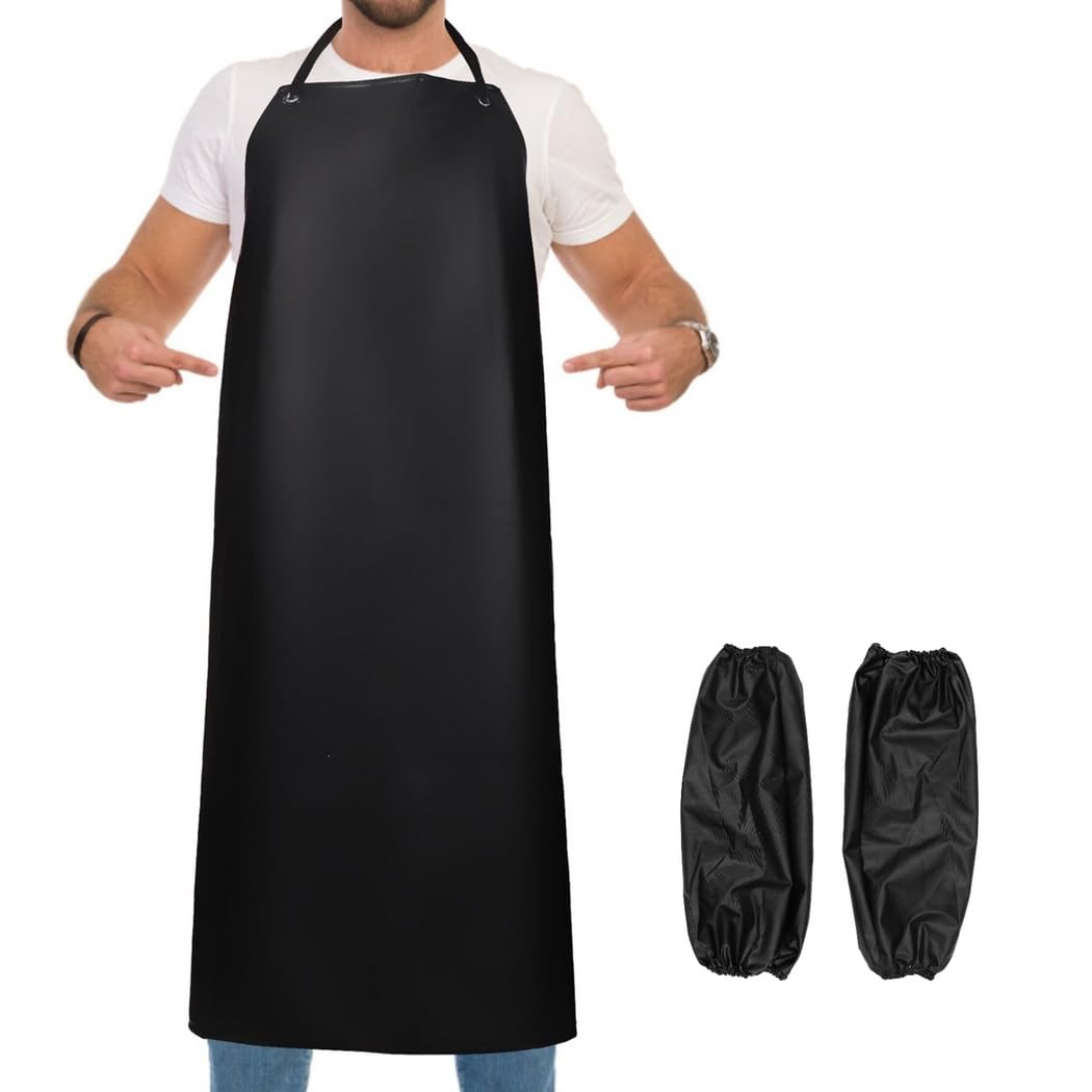 Chewtoyo Waterproof Heavy Duty Butcher Aproy with Arm Sleeve Covers, Adjustable PVC Apron for Cooking, Pet Grooming, Laboratory Work, and Barbecues