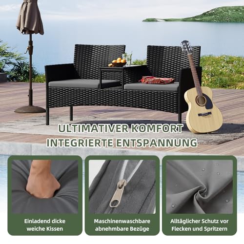 Aoxun 2-Sitzer-Gartenbank aus Rattan, extrabreite Outdoor-Zweisitzerbank mit seitlichem Ablagetisch… – Ansicht 4