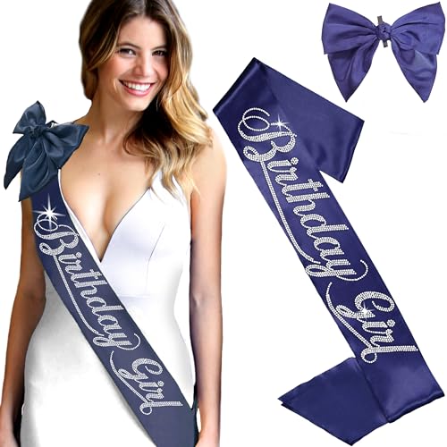 Birthday Girl Sash Blue - Set of 2: Real Crystal Rhinestone Flourish Birthday Girl Satin Sash & Navy Satin Bow Clip - Birthday Party Supplies - Navy Blue Sash Bow(Bdy GRL RS) NVY
