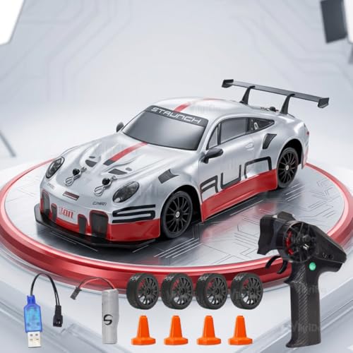 Image of VikriDA 1:24 Scale RC Drift Car - 4WD High-Speed RC Racing Car with LED Lights, 2.4GHz Controller, Rechargeable Batteries & Drifting Tires - Grey & Red