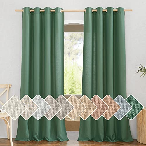 NICETOWN Olive Green Curtains 84 inch Length 2 Panels, Grommet Linen Blend Privacy Added Thick Flax Boho-Chic Light Filtering Semi Sheer Window Drapes