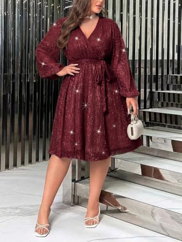 Image of RED DOT BOUTIQUE 876 - Plus Size Elegant Sheer Sleeve Dress with Waist Sparkle Chiffon Mesh Cocktail Dress