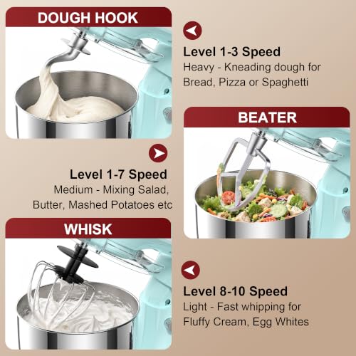 Image of Honinst 4QT Electric Stand Mixer, 10-Speed Tilt-Head Compact Kitchen Mixer | Multiple Stylish Colors | Food mixer with Dough Hook & Beater & Whisk | for Cake & Bread | Dishwasher-Safe | Blue