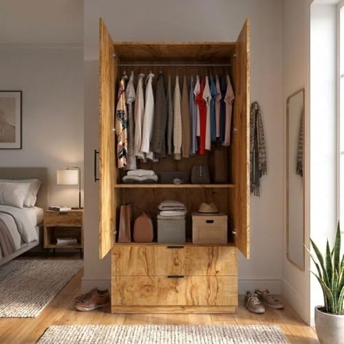 Image of FFO Keris 2 Door Wooden Wardrobe with 2 Drawers, Hanging Rod & Storage Shelves | Modern Clothes Almirah Cabinet with Lock & Black Handles for Home Coach Wood DIY.