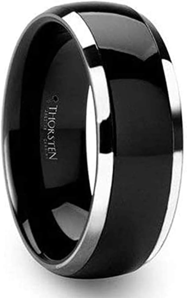 Carrera Men's Domed Black Ceramic Wedding Band Tungsten Inlaid Ring by Thorsten Jewelry - 8mm