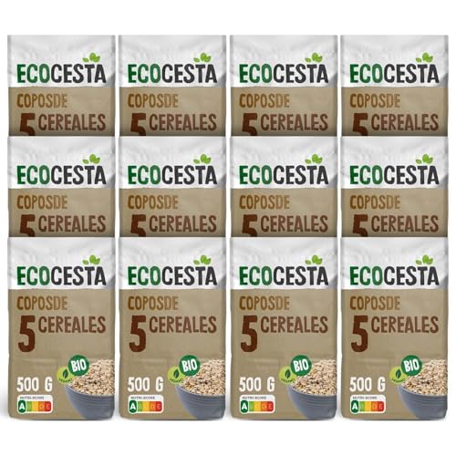 Ecocesta - Copos de 5 Cereales Ecológicos - 500 g - Sin Azúcar Añadido - Aptos para Veganos - Alto Contenido en Fibra - Incluye Copos de Avena, Trigo, Cebada, Centeno Integral y Maíz Malteado