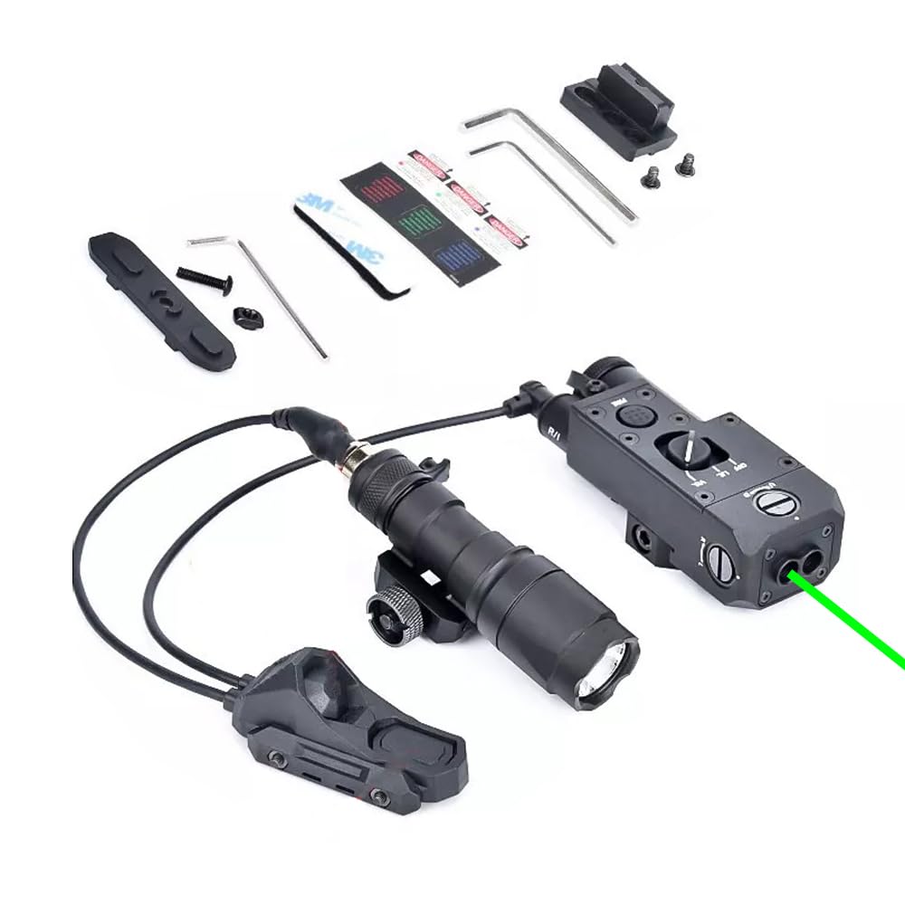 Metal CQL-1 Box Aiming Laser Sight Indicator(with Green Laser + IR Laser), & M300A Strong LED White Flashlight, & AX Modular Dual Wire Remote Pressure Switch(SF+2.5 Plug) Combo, Black