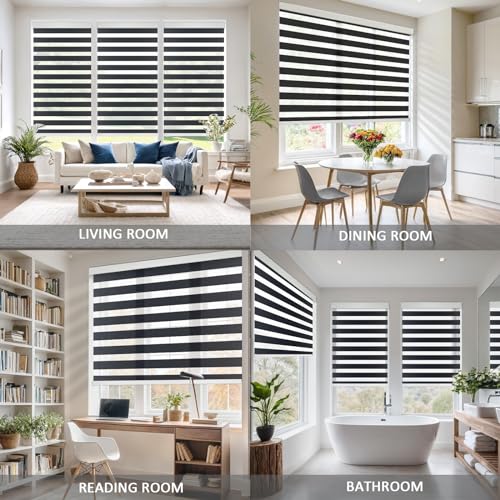 Image of Motorized Zebra Blinds for Windows Cordless Electric Curtains with Remote Control Blackout Shades Custom Smart Blinds Compatible with Alexa Google Home(Light Filtering Black,W51 X 72in)
