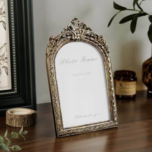 Arched 5x7 Picture Frame Vintage Gold Frames, Bronze 5 by 7 Arched Picture Frame Hand-Crafted Resin with Glass Front Ornate Retro Antique Photo Frames for Wall and Tabletop Display Home Decor