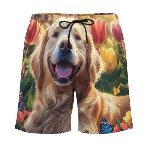 Retriever Sitting in Tulips Flower Mens Swim Trunks with Quick-Drying Lining Beach Shorts for Outdoor Sports3
