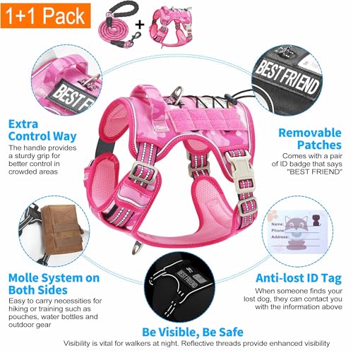 Image of Beebiepet Heavy Duty Tactical Dog Harness for Small Dogs, No Pull Adjustable Pet Harness Reflective Service Training Easy Control Pet Vest Military K9 Working Dog Harnesses- Small, Pink Camo