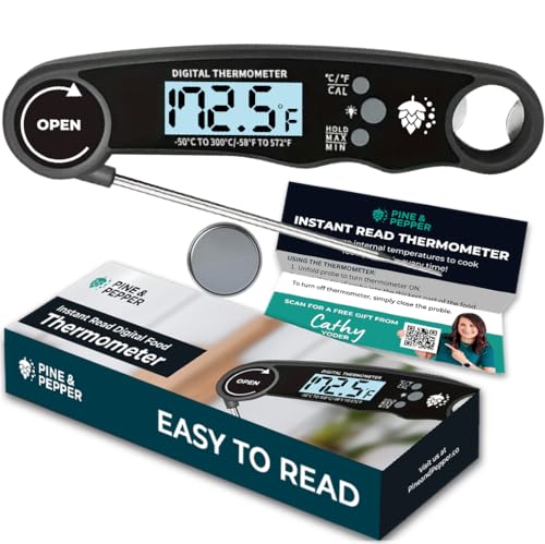 Cathy Yoder’s Pine & Pepper Instant Read Food Thermometer for Air Fryer and Grill. Measure Internal Temperatures with Easy-to-Read Digital Display, Backlight, Large Font Meat Thermometer.