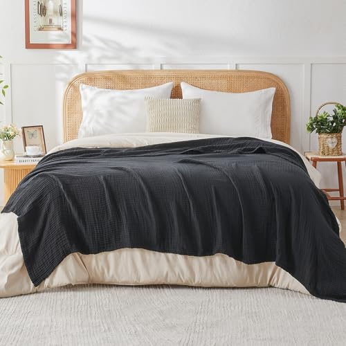EMME Cotton Muslin Twin XL Blanket Breathable Gauze Blanket Soft Lightweight Blankets Adults Gifts for Women (Black, 66"x90")
