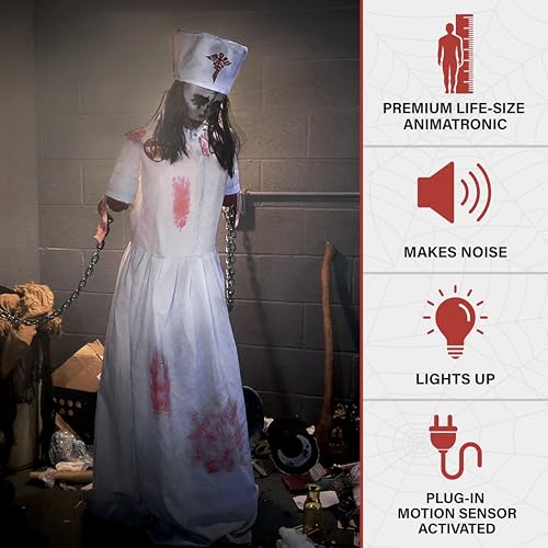 Image of Haunted Hill Farm Life-Size 5.2-Ft Animatronic Convulsing Nurse by Tekky Halloween Decoration with Motion-Activated Sounds