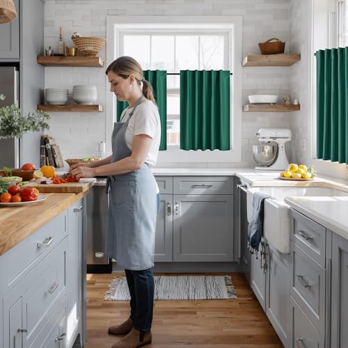 Image of RYB HOME 100% Blackout Short Curtains for Small Window, Thermal Insulated Noise Reducing Back Tab Curtains for Nursery Bathroom Basement, 34 inches Wide by 45 inches Long, Dark Green