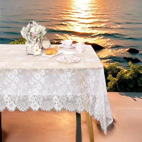 QueenDream Rectangular Lace Tablecloth : 5 Pieces 60x120 Inch - White - Table Cloth Vintage Embroidered Lace Fabric for Spring Summer Wedding Decorations Outdoor Tea Party Reception Dinner Home Decor Cover