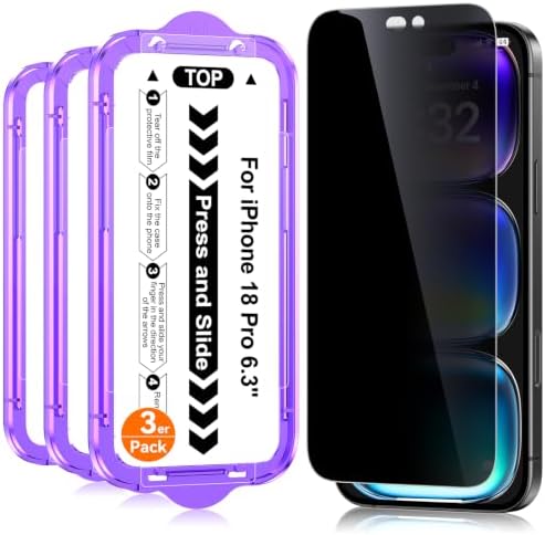 Ksleri für iPhone 18 Pro für Panzerglas Sichtschutz (3 Stück, 6,3 Zoll) | 4X Stärker 9H+ Militärschutz Stoßfest Kratzfest Glas, 23° Blickschutz Privacy Schutzfolie, Auto-Ausrichtun