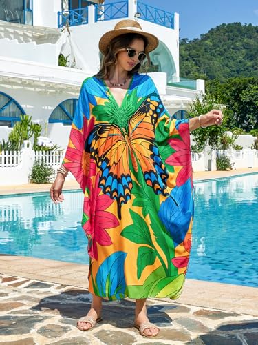 Image of IMAGEKOPE Women's Plus Size Animal Print V-Neck Batwing Kaftan Beach Dress Bathing Suit Cover-Up Loungewear