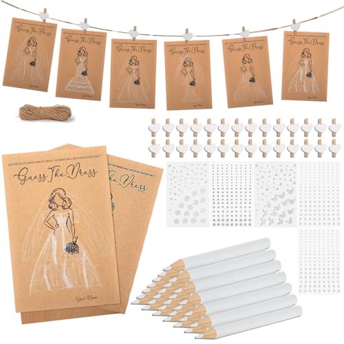 YPJXBEST 30 Sets Guess The Dress Bridal Shower Games for Guests Include Wedding Game Cards Water Soluble Pencils Pearl Gem Stickers Clips Fun Wedding Decorations Party Ideas Supplies