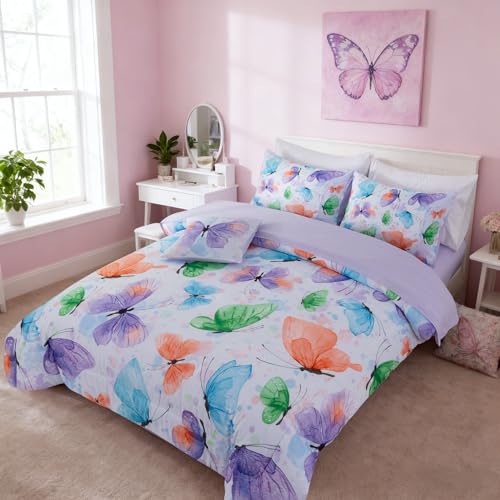 Image of A Nice Night 6pcs Bed in A Bag Watercolor Ink Wash Tie-Dye Butterfly Flying Printed, Butterflies Bedding Comforter Set, Purple Green Twin