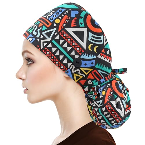 Image of QBA Adjustable Working Cap with Button, Satin-Lined Hat, Cotton Working Hat Sweatband, Elastic Tie Back Hats Unisex