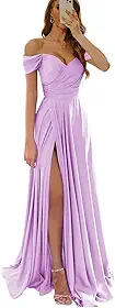 Vestidos de dama de honra de cetim 2026 com fenda longa gola V franzido ombro de fora vestidos formais de formatura para mulheres X17
