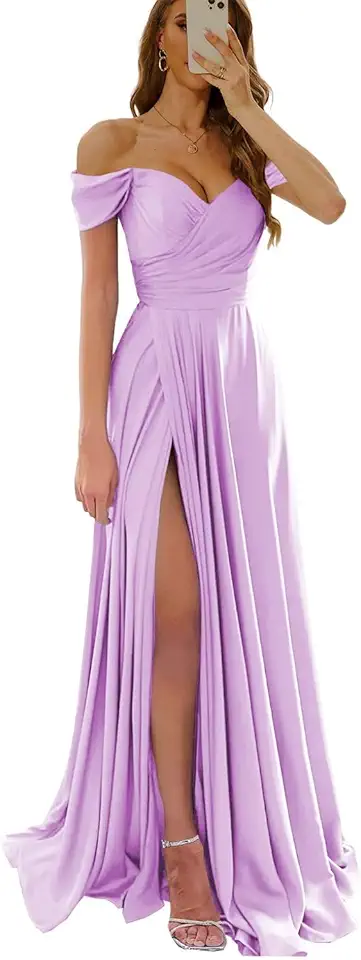 Vestidos de dama de honra de cetim 2026 com fenda longa gola V franzido ombro de fora vestidos formais de formatura para mulheres X17