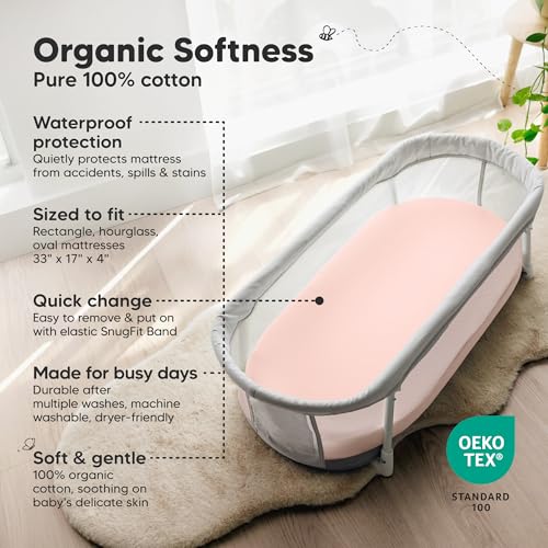 Image of 2-pk Waterproof Bassinet Sheets Girls, Boys, Cotton - 33x17 Universal Bassinet Mattress Pad Protector Cover, Compatible with Graco, Baby Delight, Chicco, Halo Bassinest Swivel Sleeper Fitted (Cameo)