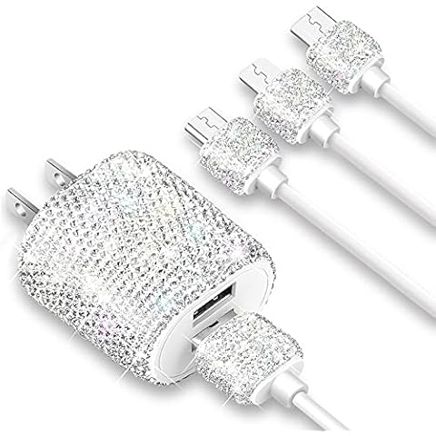 Bling USB Wall Charger with Charging Cable,Fast Block for iPhone Android,3 in 1 Multi Cable Micro USB Type C Multiple USB Cord with Crystal Decoration,Cell Phone Accessories for Women,Girls Cover