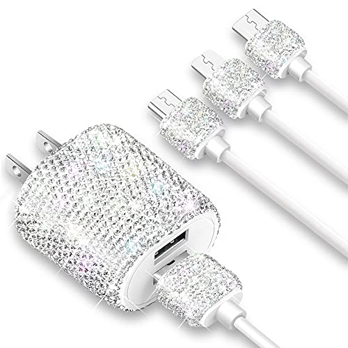 Bling USB Wall Charger with Charging Cable,Fast Block for iPhone Android,3-in-1 Multi Charger Cable Micro USB Type C Multiple USB Cord with Crystal Decoration,Cell Phone Accessories for Women,Girls
