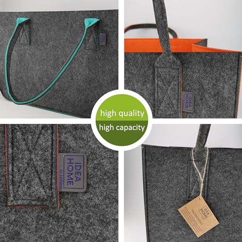 IDEA HOME Filztasche Shopper Groß-30 Liter Einkaufstasche XXL Zusammenklappbar Einkaufskorb Kaminholztasche Kleiderkorb Spielzeugtasche Dunkelgrau/Schwarz, XL