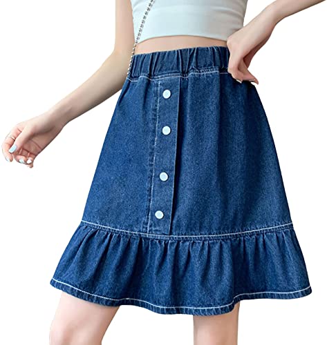 CHARTOU Women Denim Jean A Line Skirt Above Knee Flared Ruffle Skirt Button Elastic Waist Pleated Jean Skirt2
