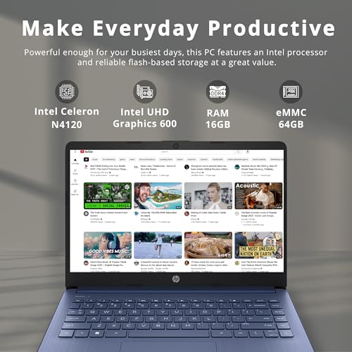 Image of HP Premium Stream 14 inch HD BrightView Laptop, Intel Celeron N4120, 16GB RAM, 64GB eMMC, HD Webcam, UHD Graphics, 1 Year Office 365, Bluetooth, WiFi, HDMI, Win 11s, Grayish Blue