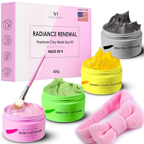 Arcilla Mascarilla Facial |Paquete premium de 4 (400 g) |Diadema y cepillo adicionales| Cúrcuma Vitamina C, Rosa, Mascarilla de Barro del Mar Muerto y Té Verde, Purificante e Set Mascarilla Facial SPA